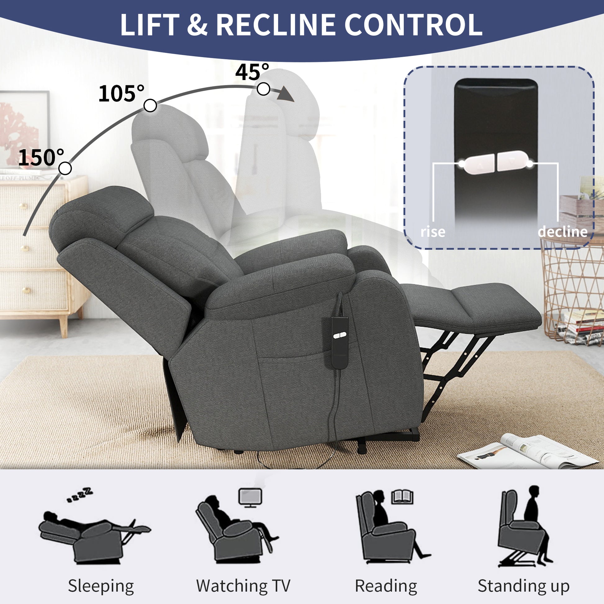 Power Lift Recliner - Dark Gray with Snowflake Velvet for Living Room