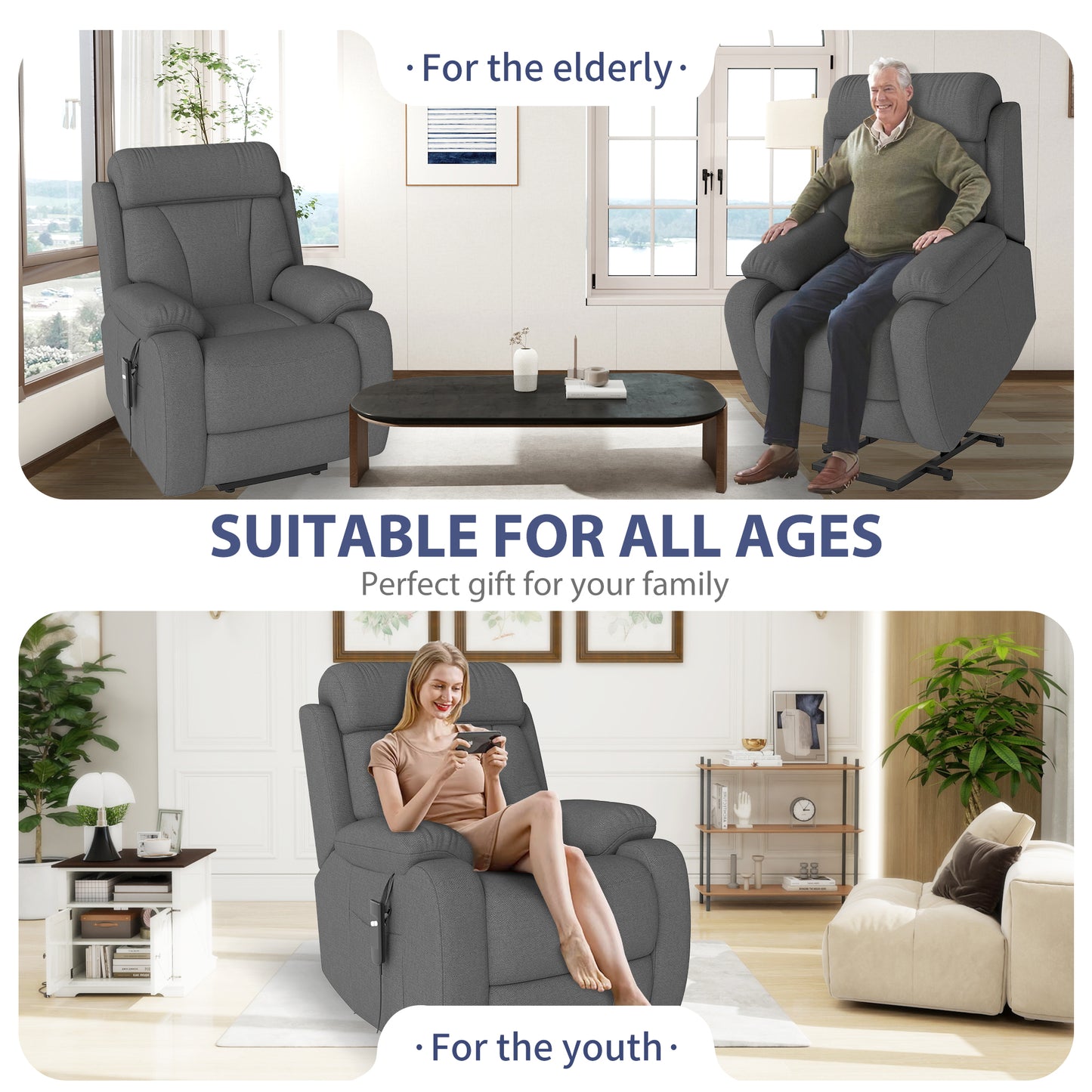 Power Lift Recliner - Dark Gray with Snowflake Velvet for Living Room