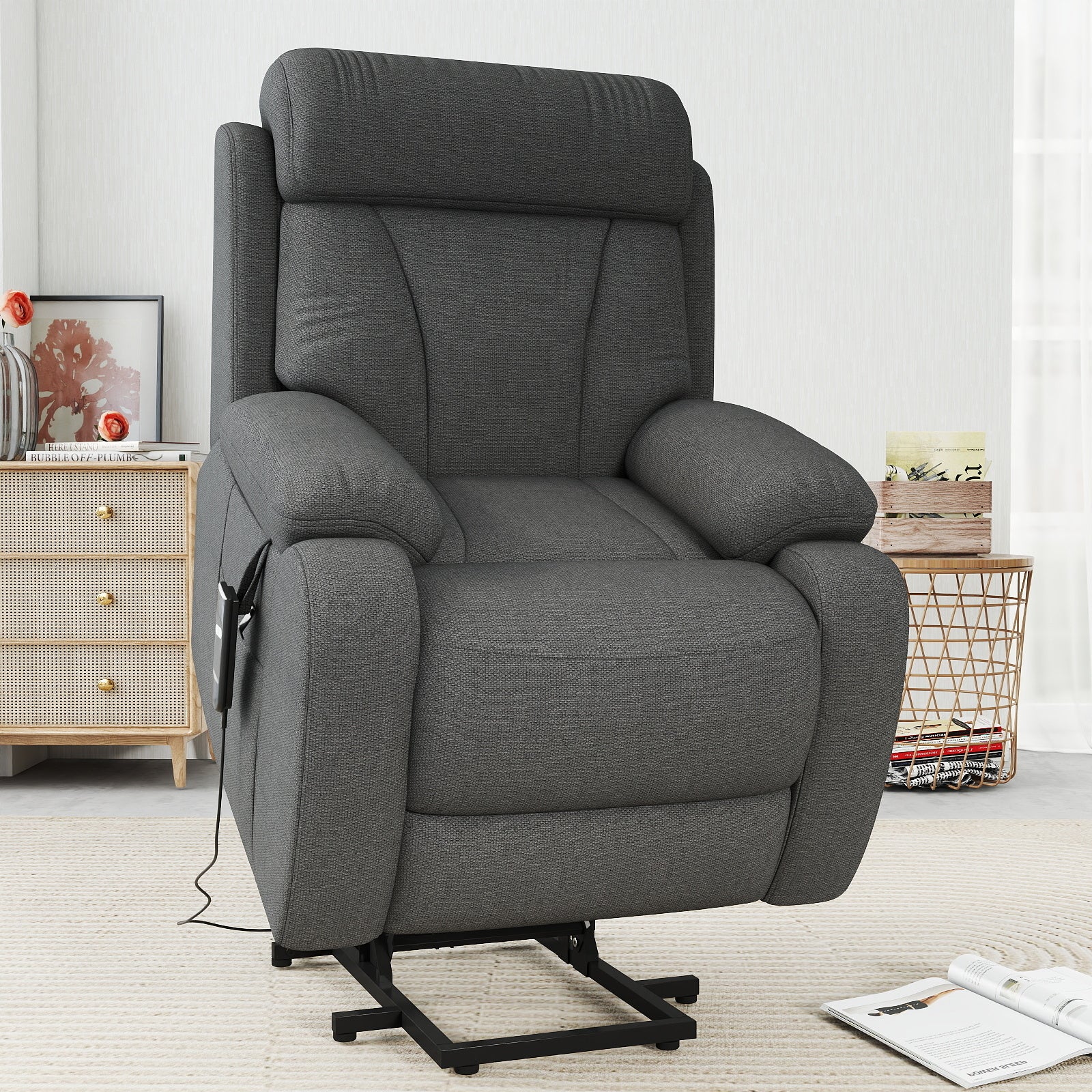 Power Lift Recliner for Elderly, Lift Chair Recliners for Small Spaces, Electric Recliner Chairs for Seniors, Remote Control, Adjustable, Side Pocket (Dark Gray+ Snowflake Velvet)