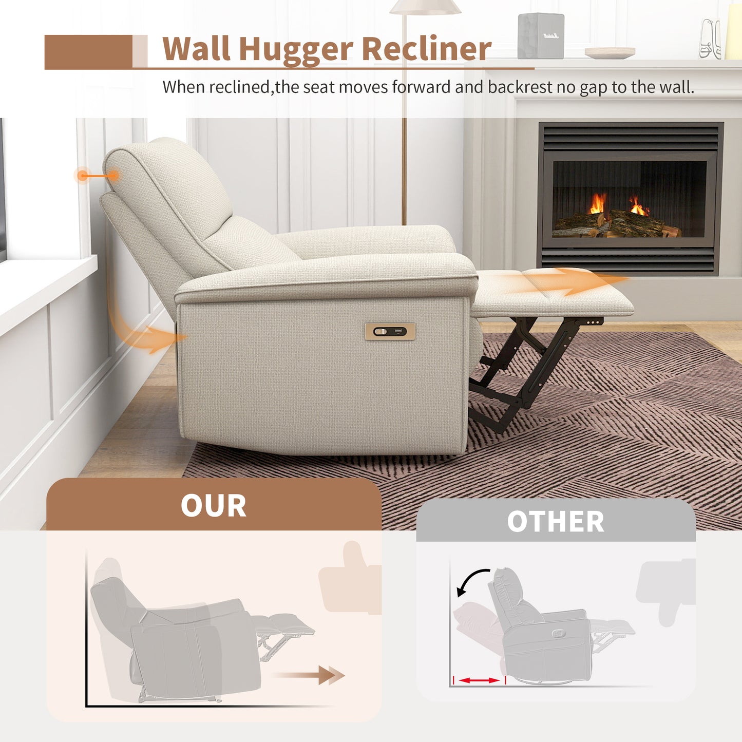 Wall Hugger Recliner - Beige+Grey Zero Wall Power Chair for Living Room