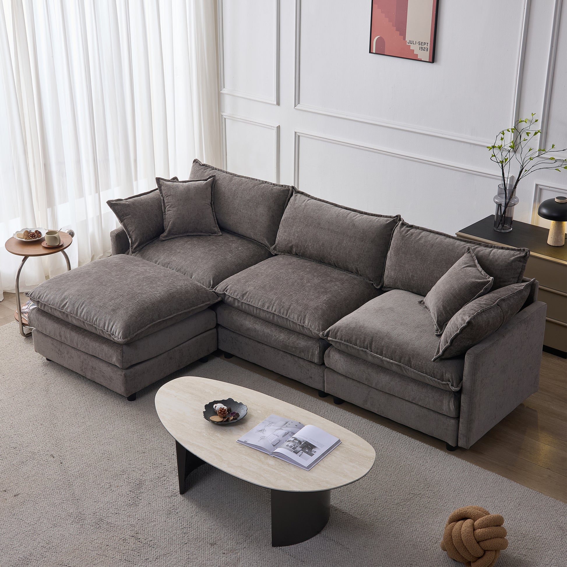 105" Modular Sectional Couch,Upholstered Soft Chenille Fabric Sofa,3 Seater with Ottoman L Shape Sofa Grey