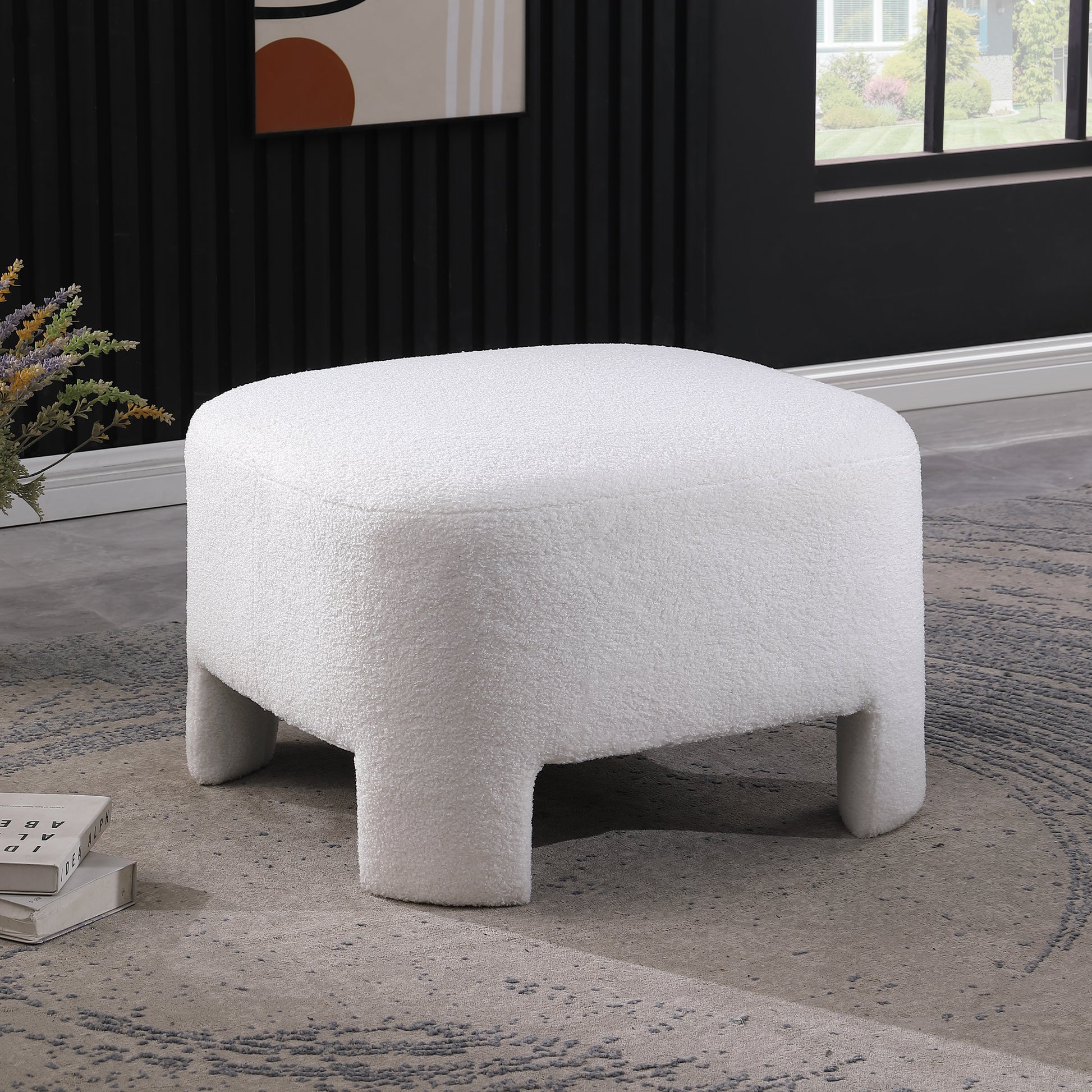 White Sherpa Sofa Ottoman, 28.74" L×28.74" W×18.5" H, No Assembly Required