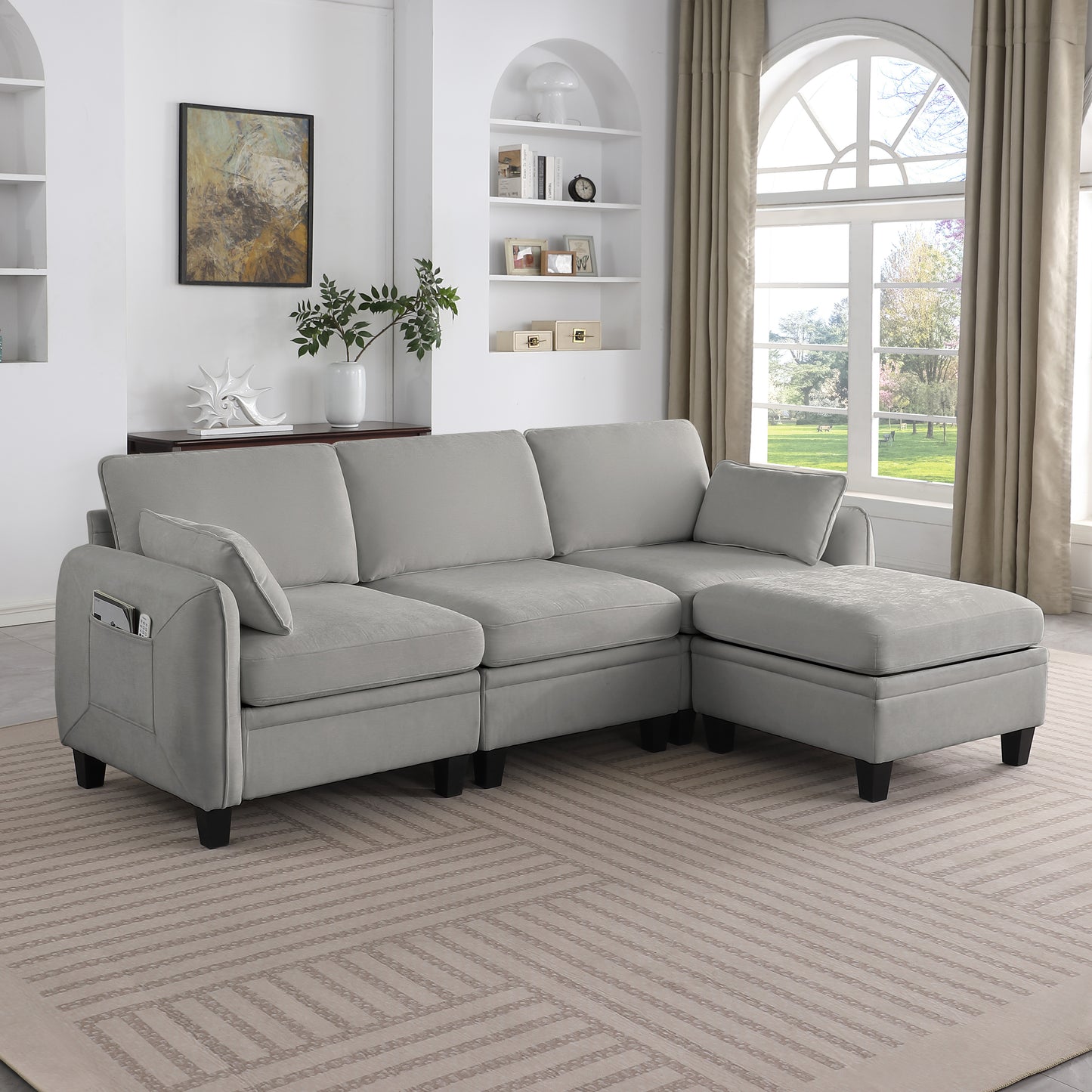 85 Inch GRAY Chenille Modular Sectional Sofa,  L-Shaped Cloud Couch with Storage Ottoman, DIY Combination for Living Room