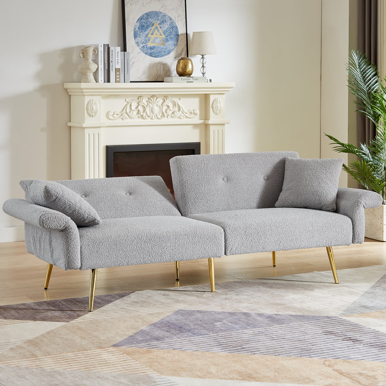 Modern Teddy Upholstered Accent Loveseat Sofa With Side Pocket,Folding Sleeper Sofa Bed With Foldable Armrest , Adjustable Backrest and Golden Metal Legs for Living Room,Grey
