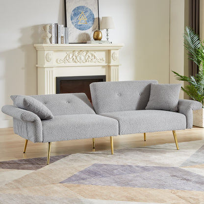 Modern Teddy Upholstered Accent Loveseat Sofa With Side Pocket,Folding Sleeper Sofa Bed With Foldable Armrest , Adjustable Backrest and Golden Metal Legs for Living Room,Grey