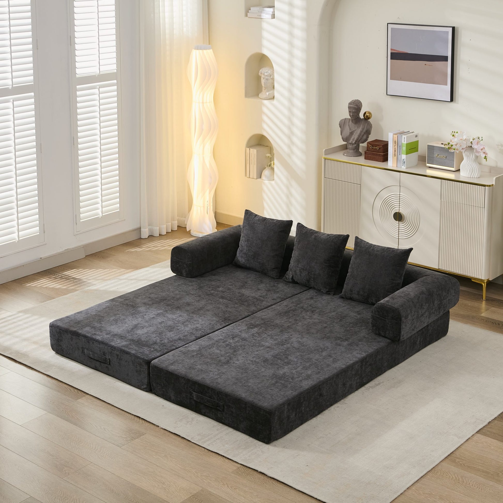Black Chenille Sofa Bed - Converts to Floor Sofa for Living Room