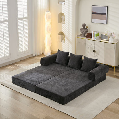 Black Chenille Sofa Bed - Converts to Floor Sofa for Living Room