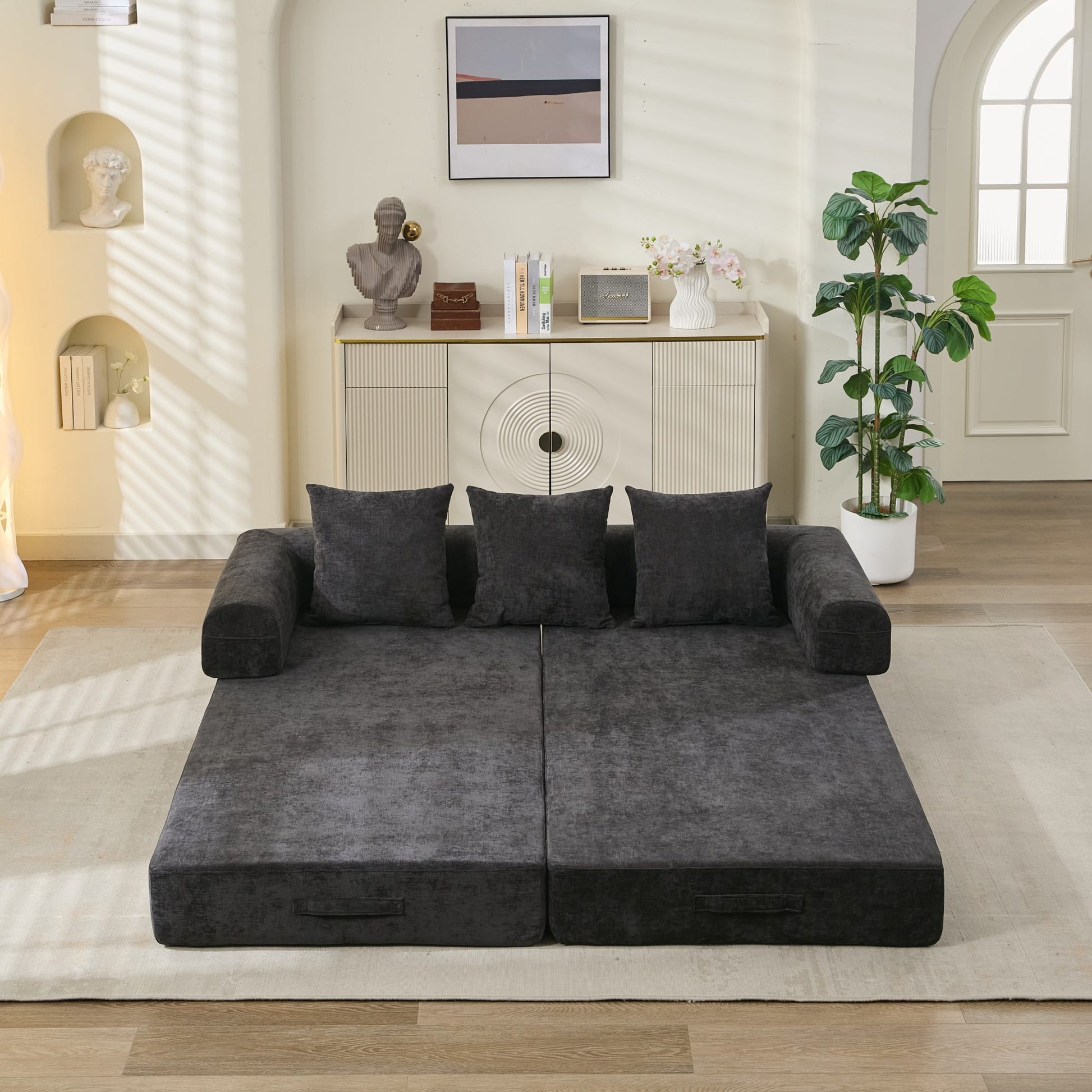 Black Chenille Sofa Bed - Converts to Floor Sofa for Living Room