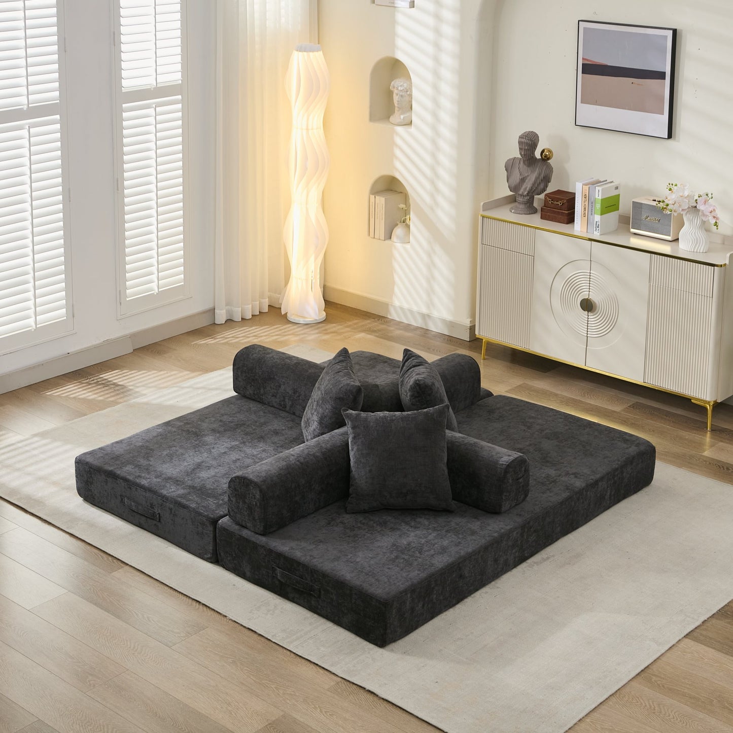 Black Chenille Sofa Bed - Converts to Floor Sofa for Living Room