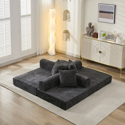 Black Chenille Sofa Bed - Converts to Floor Sofa for Living Room
