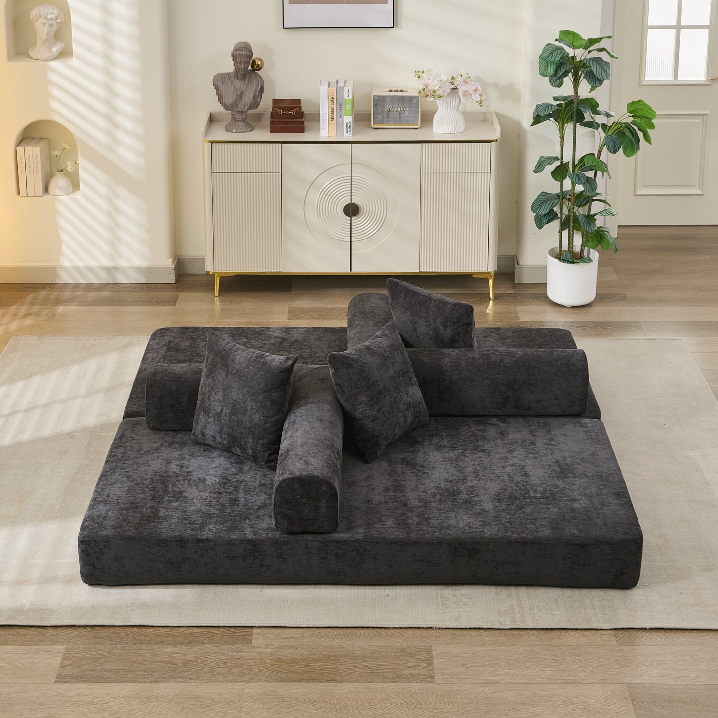Black Chenille Sofa Bed - Converts to Floor Sofa for Living Room