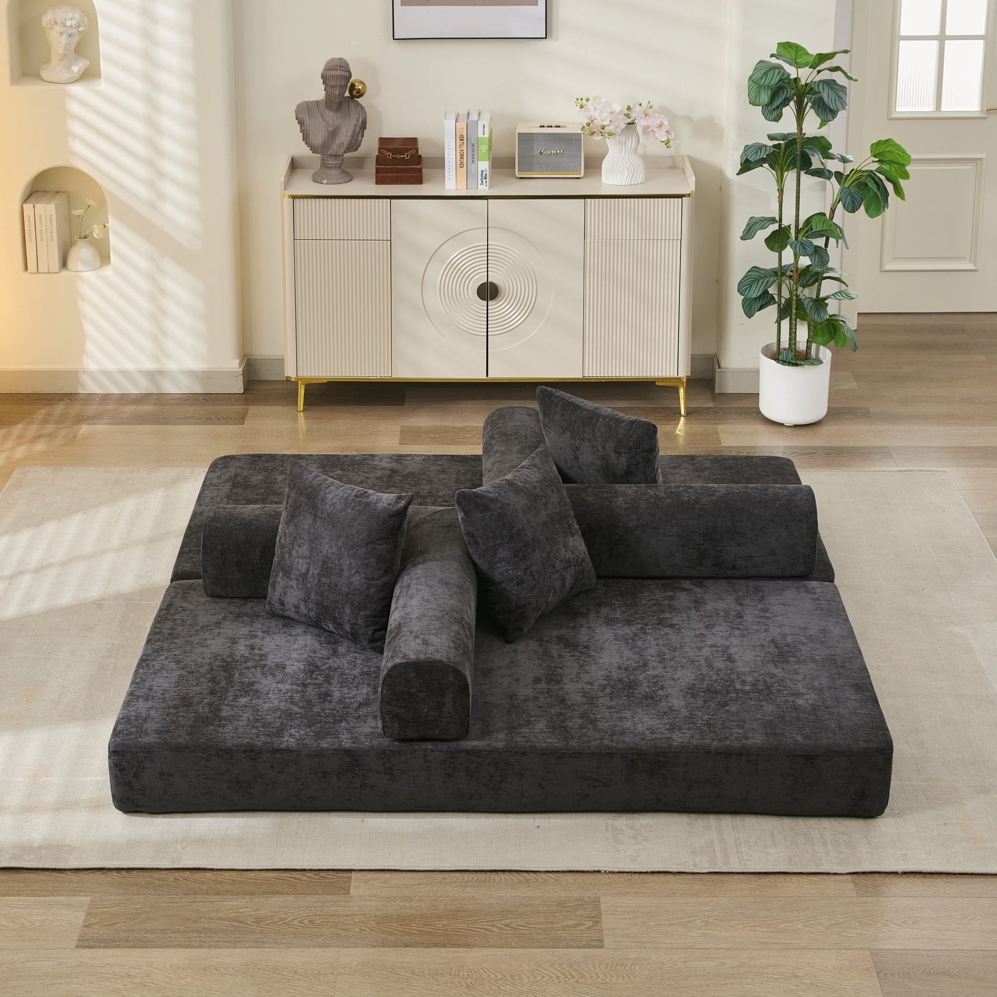 Black Chenille Sofa Bed - Converts to Floor Sofa for Living Room