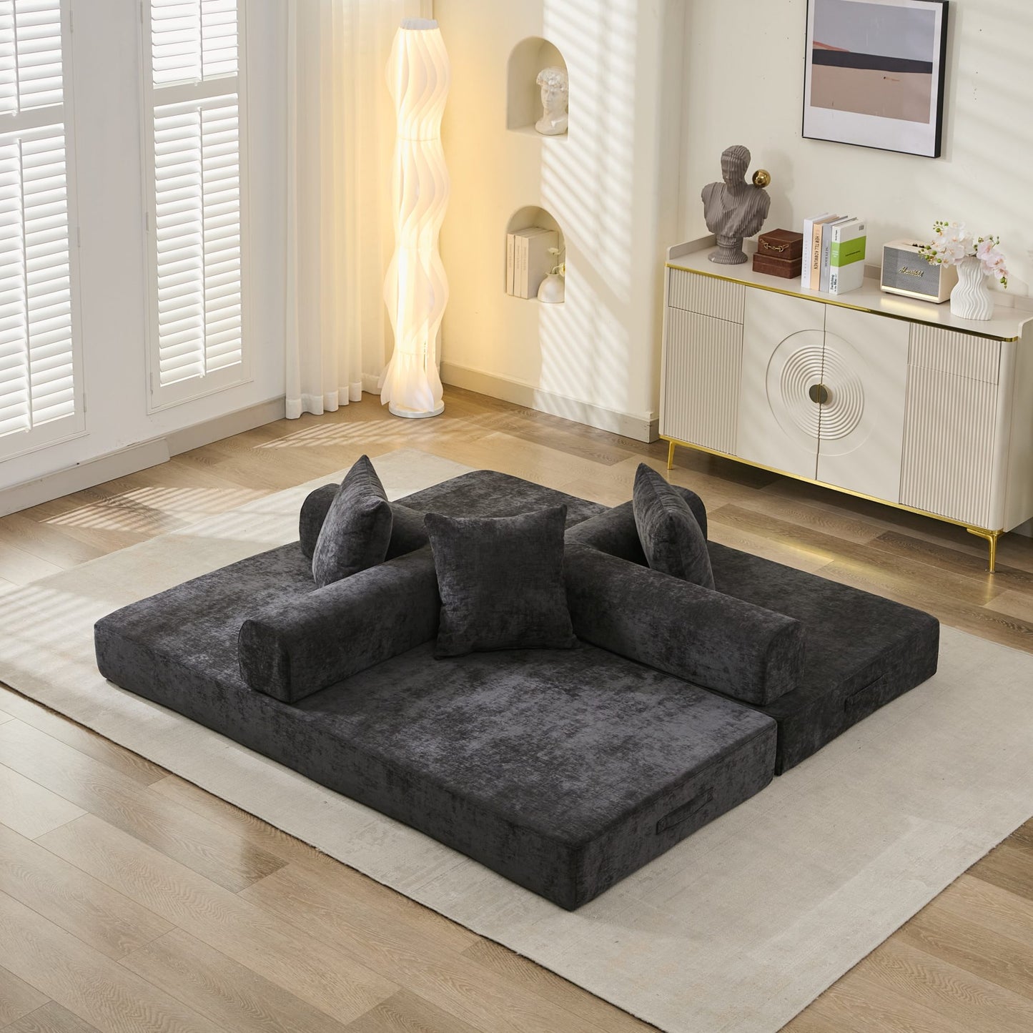 Black Chenille Sofa Bed - Converts to Floor Sofa for Living Room