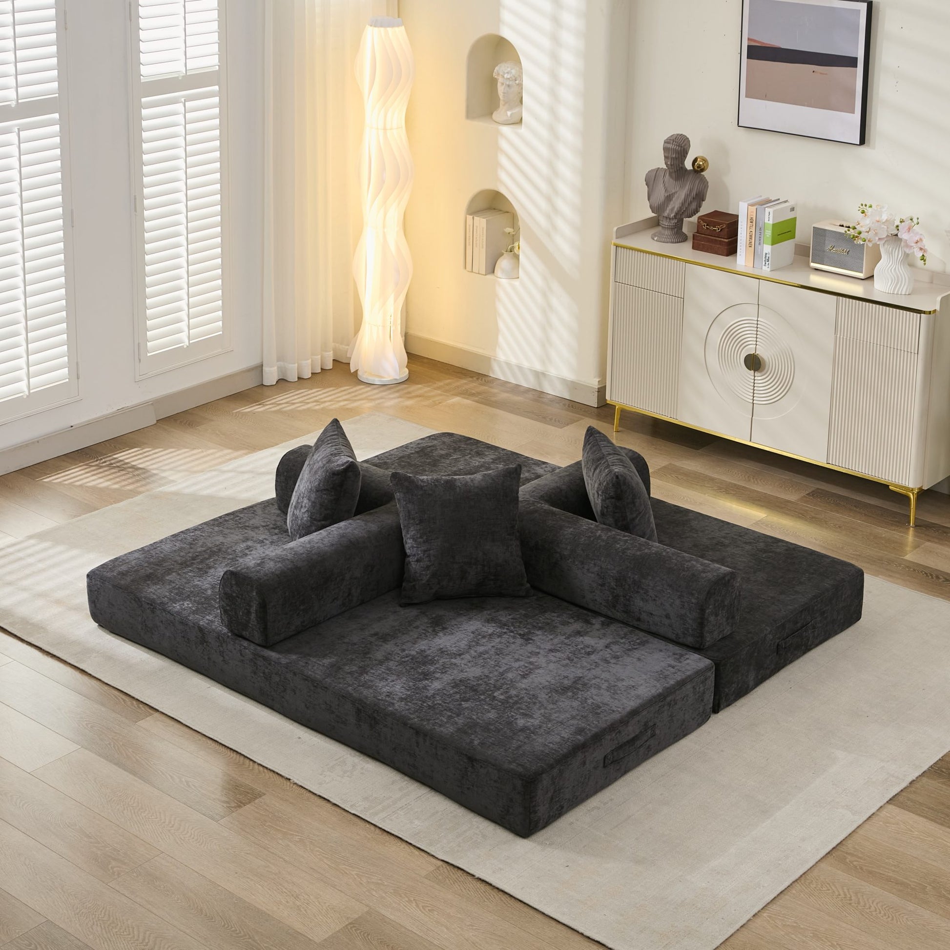 Black Chenille Sofa Bed - Converts to Floor Sofa for Living Room
