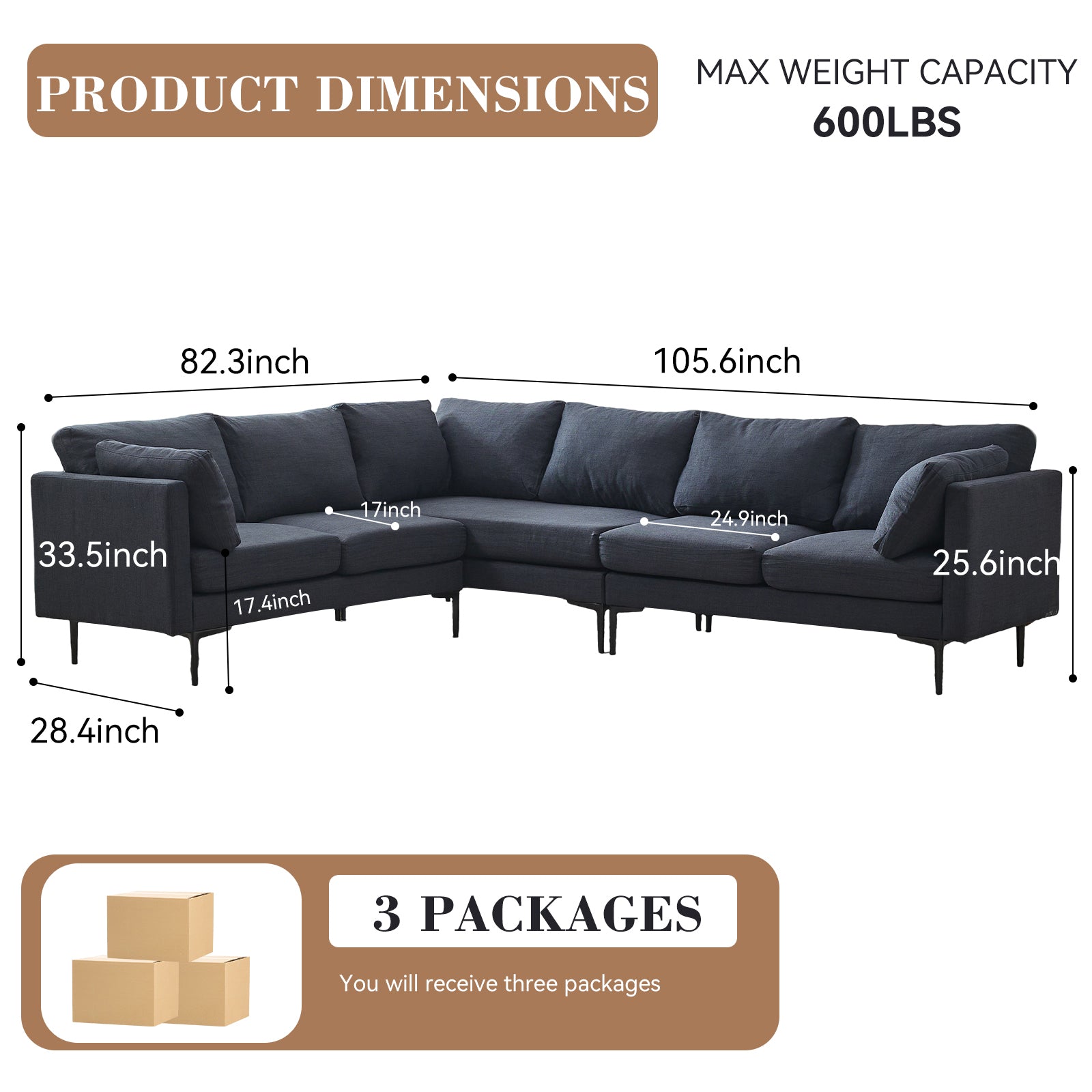 Grey Wood L Shaped Sectional Sofa for Living Room, 6 Seat Comfort