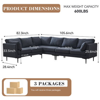 Grey Wood L Shaped Sectional Sofa for Living Room, 6 Seat Comfort