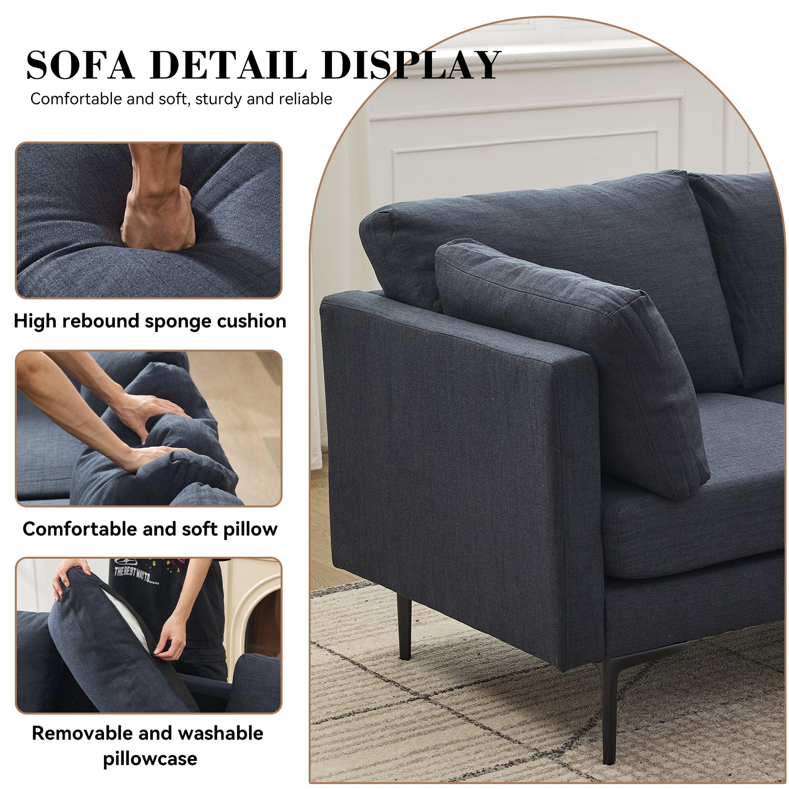 Grey Wood L Shaped Sectional Sofa for Living Room, 6 Seat Comfort