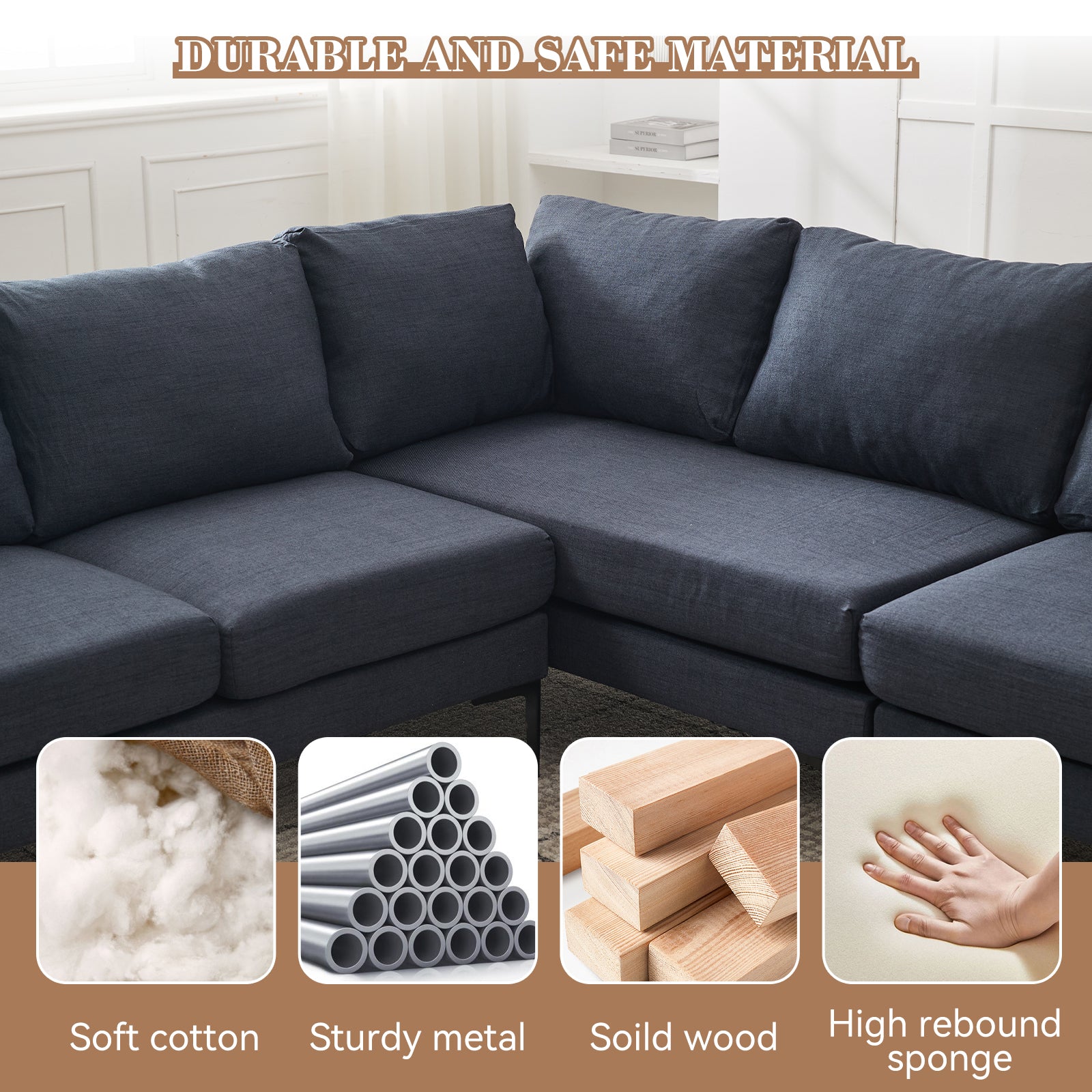 Grey Wood L Shaped Sectional Sofa for Living Room, 6 Seat Comfort