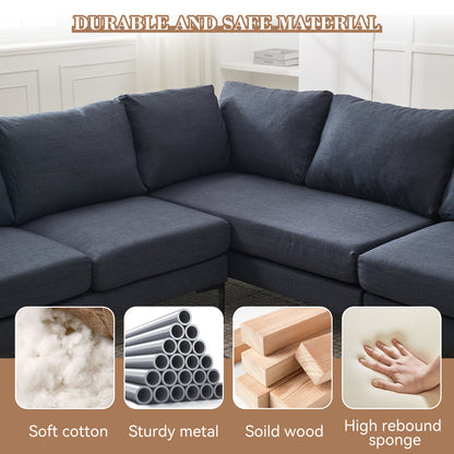 Grey Wood L Shaped Sectional Sofa for Living Room, 6 Seat Comfort