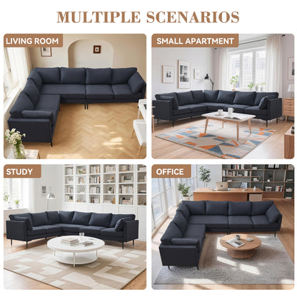 Grey Wood L Shaped Sectional Sofa for Living Room, 6 Seat Comfort