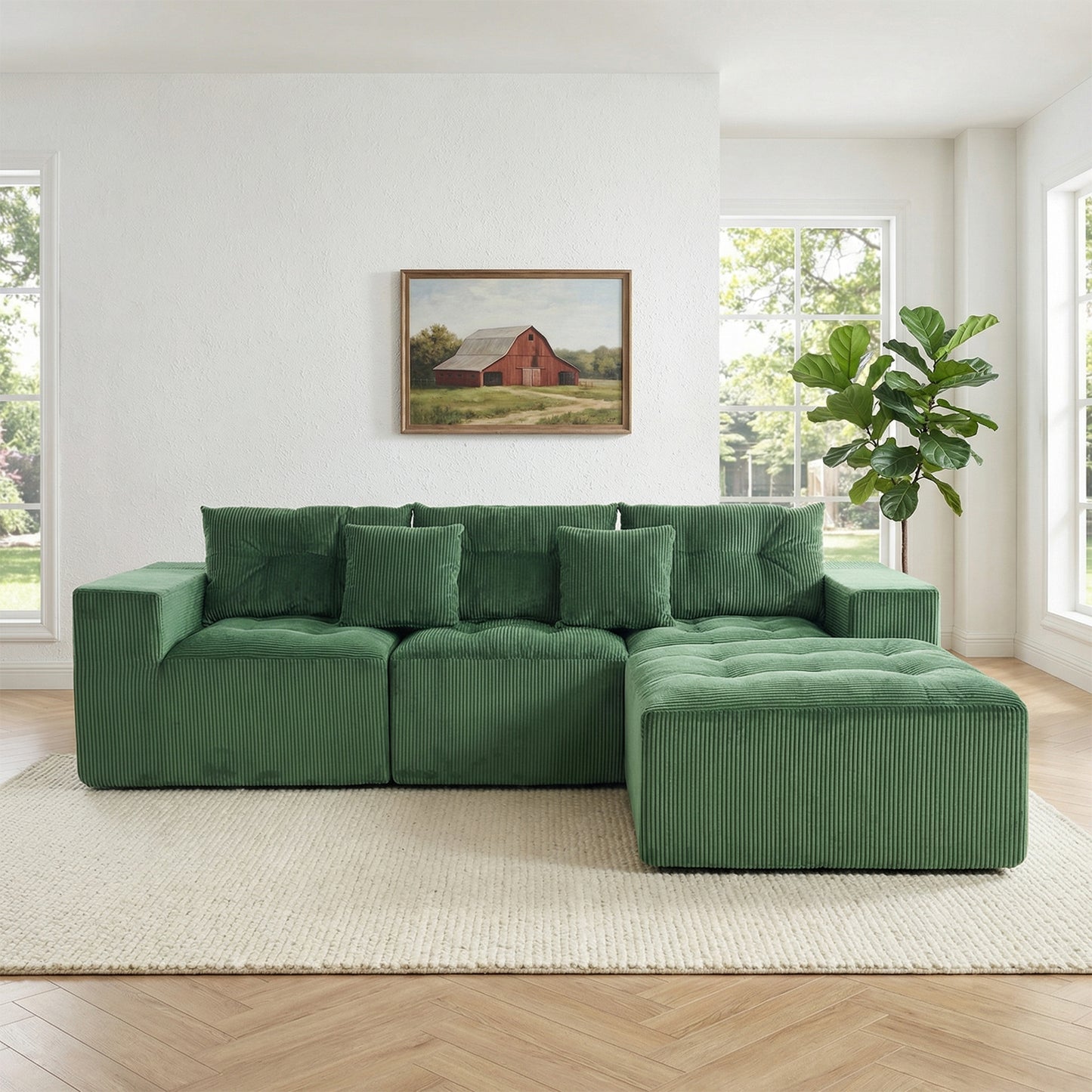 101" L-Shaped Modular Compression Sofa, 3-Seater Comfortable Cloud Sofa, Corduroy Fabric, with Movable Footrest, Free DIY Combination, Suitable for Living Room, Bedroom, Apartment (Green)