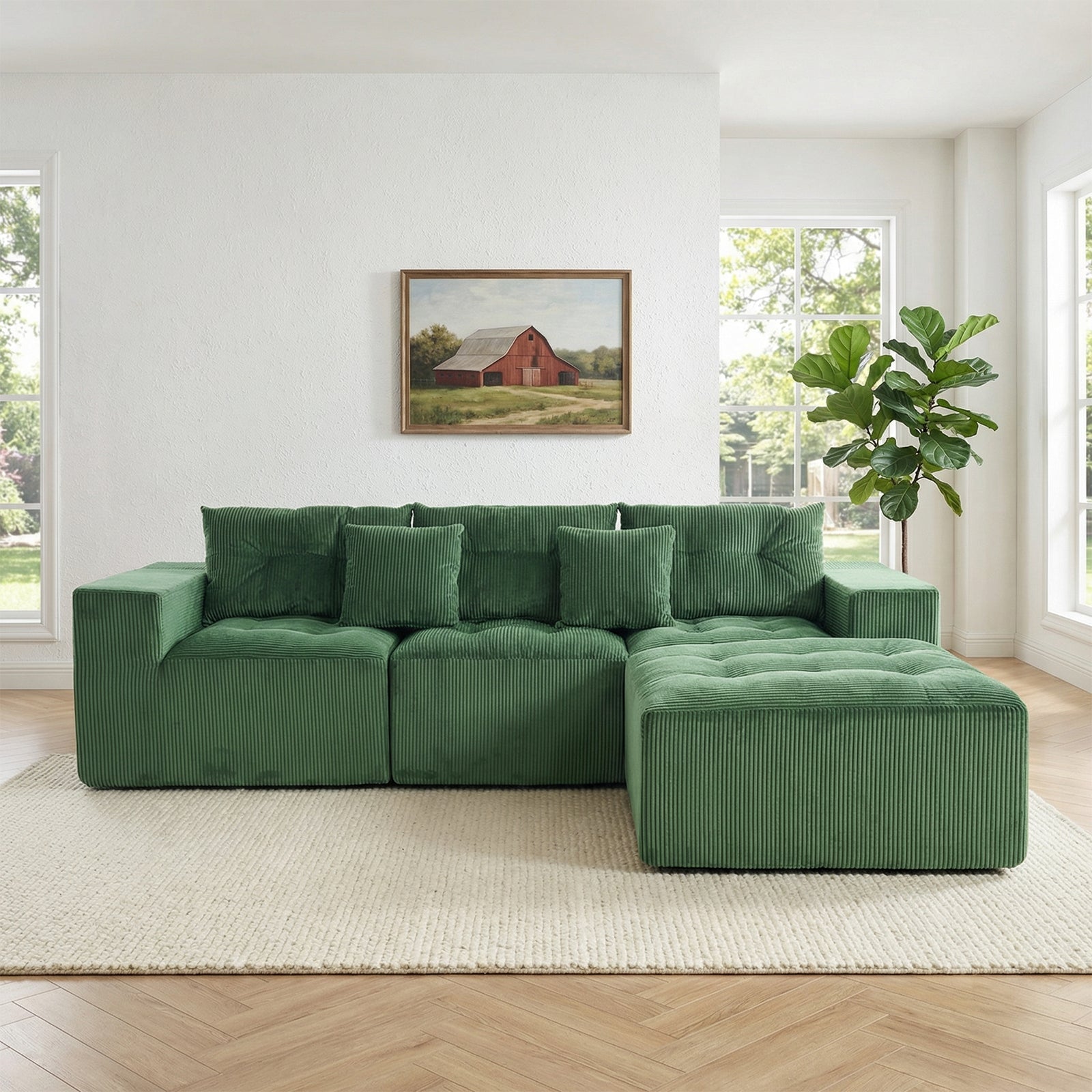 101" L-Shaped Modular Compression Sofa, 3-Seater Comfortable Cloud Sofa, Corduroy Fabric, with Movable Footrest, Free DIY Combination, Suitable for Living Room, Bedroom, Apartment (Green)