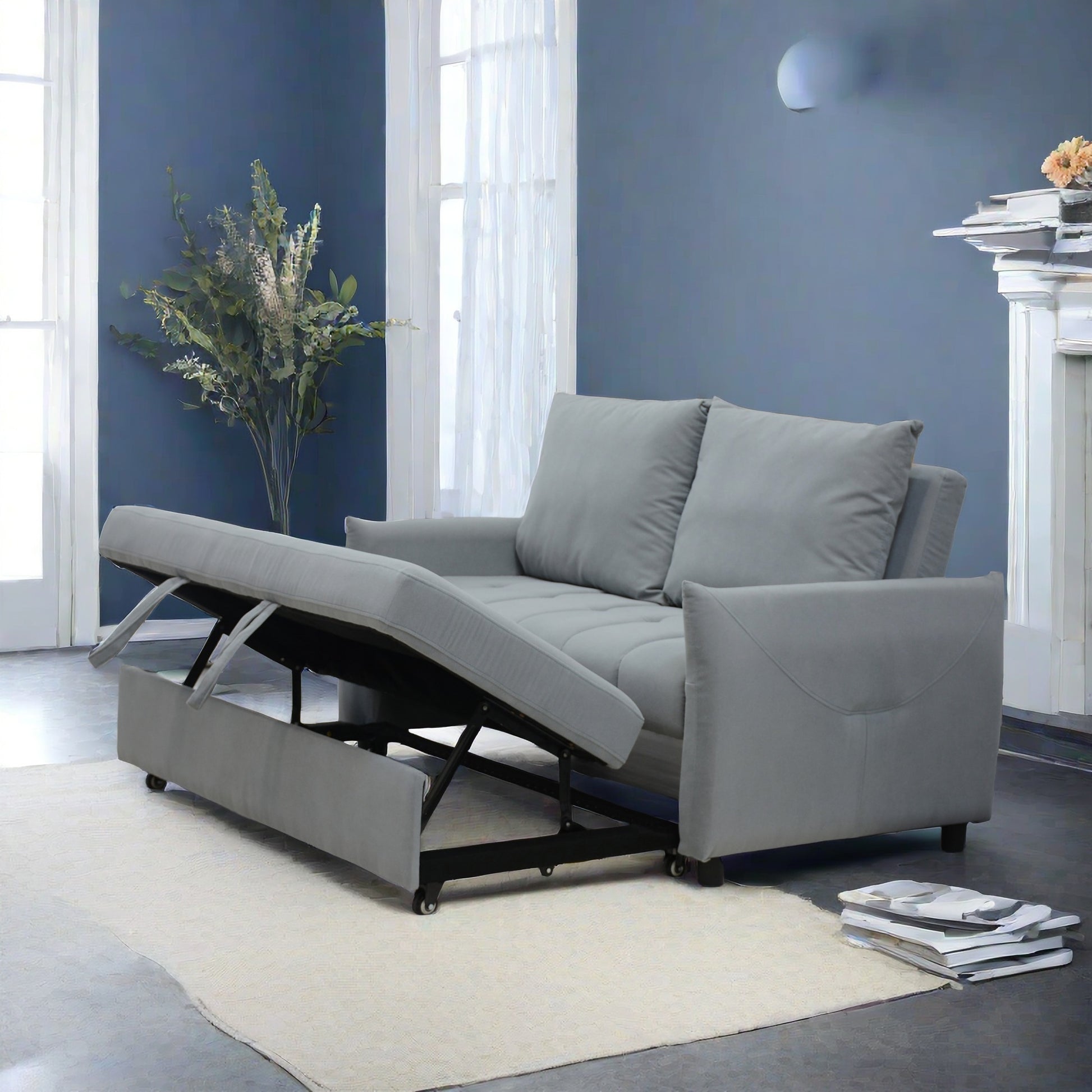 Modern 3 in 1 Sleeper Sofa Couch Bed Pull Out Sofa Bed Convertible Loveseat Light Blue Sleeper Futon with 2 Pillows & Side Storage Pockets, Velvet Sofa Adjustable Backrest, for Living Room
