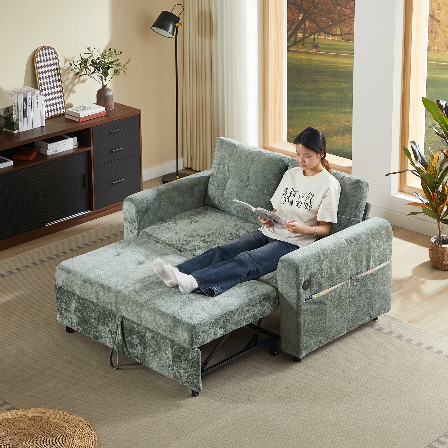 58.27" Loveseat Sofa Pull out Sofa Bed Tufted Sleeper Sofa with an Adjustable Backrest, Three USB Ports and Two Lumbar Pillows for Living Roo, Green