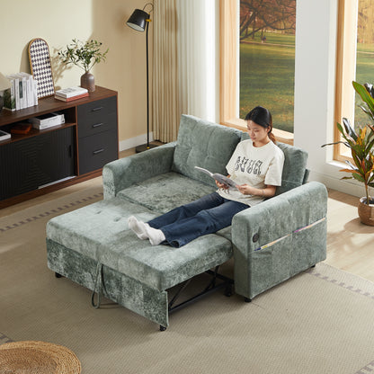 58.27" Loveseat Sofa Pull out Sofa Bed Tufted Sleeper Sofa with an Adjustable Backrest, Three USB Ports and Two Lumbar Pillows for Living Roo, Green