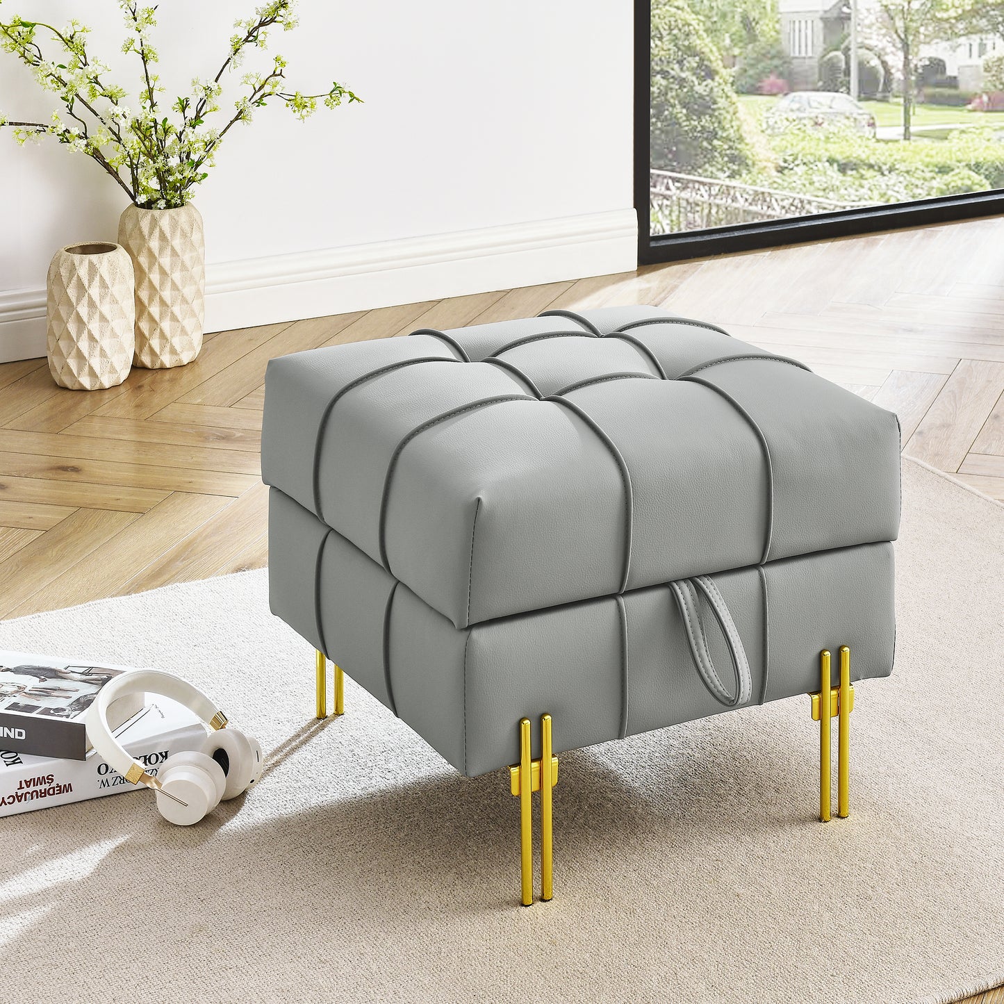 22 inches Anti-scratch Leather Storage Ottoman, Pet Friendly Entryway Bench with Golden Stainless Steel Legs, Gray