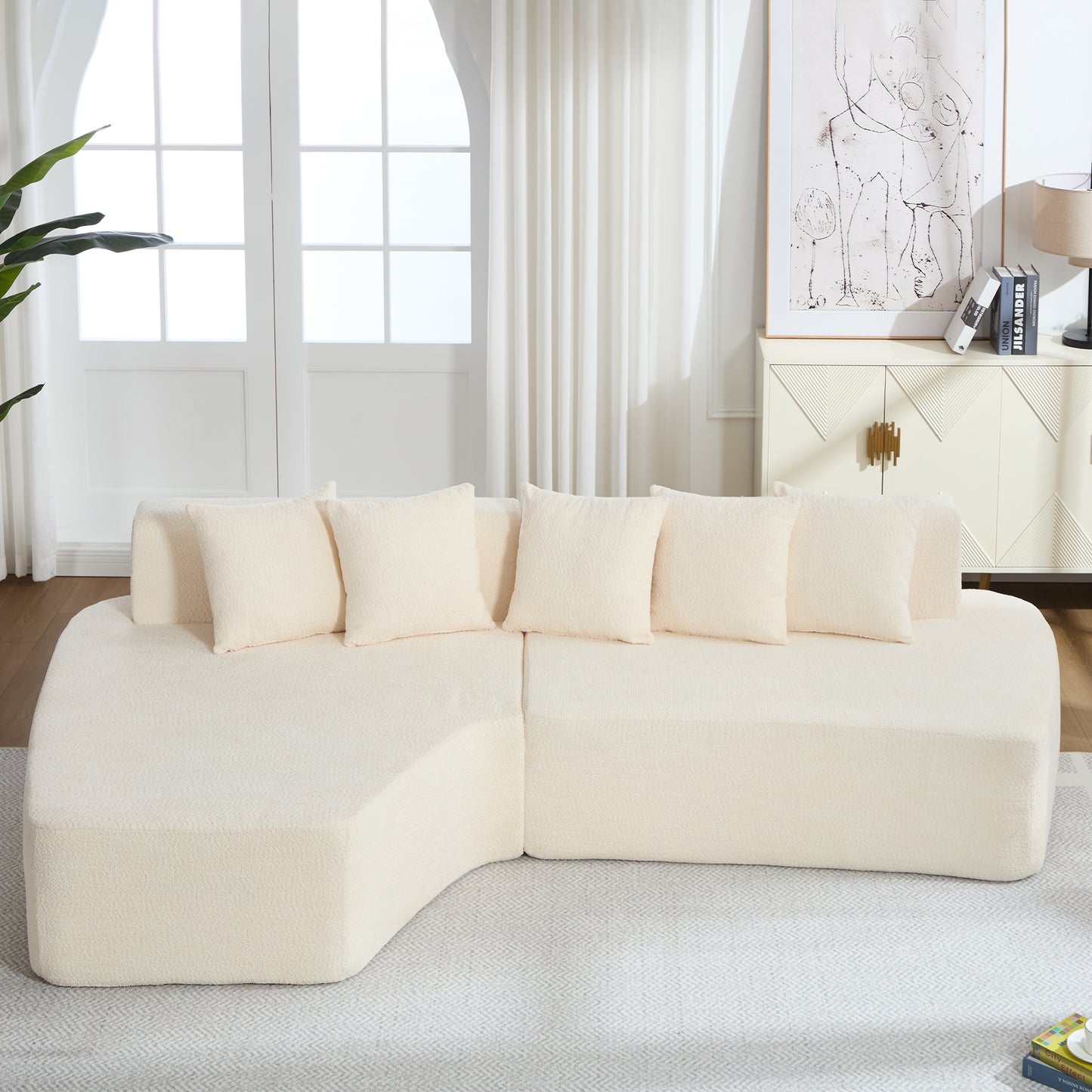Compression Sectional Couch with Comfy Chaise,Irregular L-shaped compression sofa with deep seat, Minimalist Modular Couches Sleeper for Living Room Bedroom Apartment Lounge-IVORY