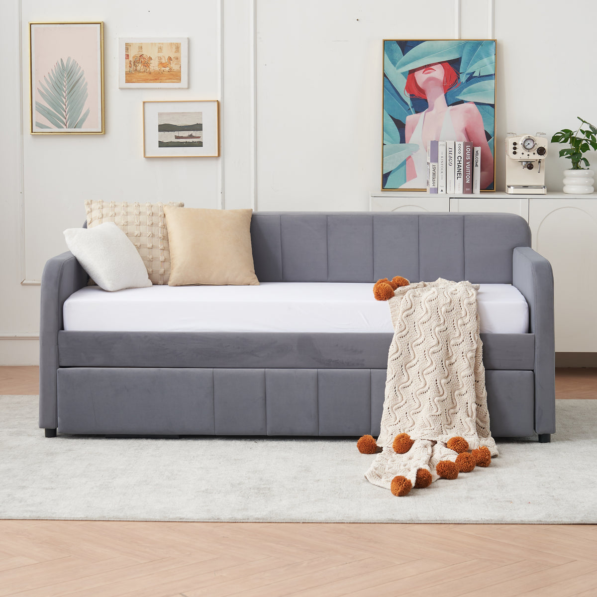 Grey Velvet Twin Sofa Bed Frame with Trundle for Living Room