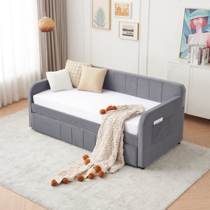 Grey Velvet Twin Sofa Bed Frame with Trundle for Living Room