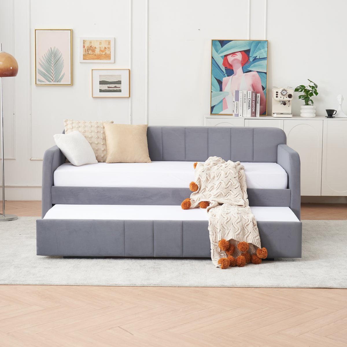Grey Velvet Twin Sofa Bed Frame with Trundle for Living Room