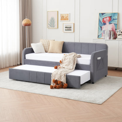 Grey Velvet Twin Sofa Bed Frame with Trundle for Living Room