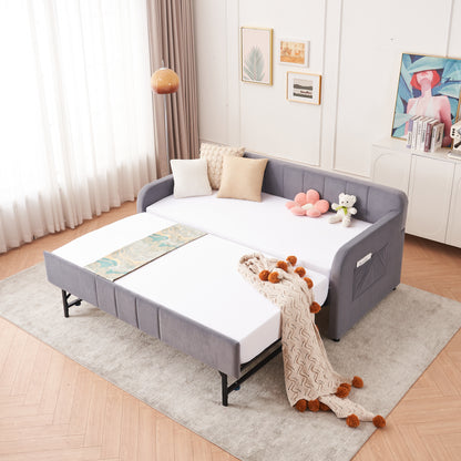Grey Velvet Twin Sofa Bed Frame with Trundle for Living Room