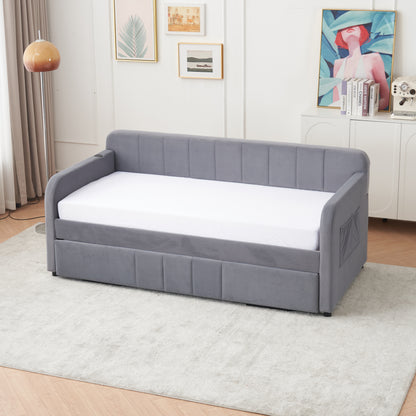 Grey Velvet Twin Sofa Bed Frame with Trundle for Living Room
