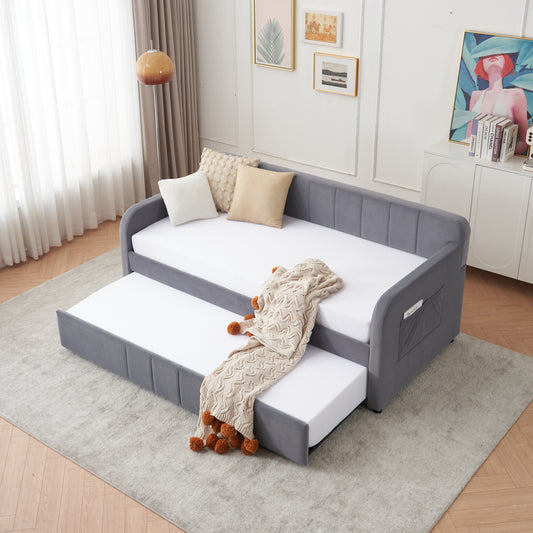 Twin Upholstered Daybed Frame with Trundle, Twin Size Sofa Bed for Bedroom Living Room Guest Room, Wood Slat Support,Grey