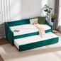 Twin Size Upholstered Daybed with Trundle,USB Port ,Side Pockets,Velvet Daybed with Button on Back and Piping on Waved Shape Arms for Bedroom Guest Room