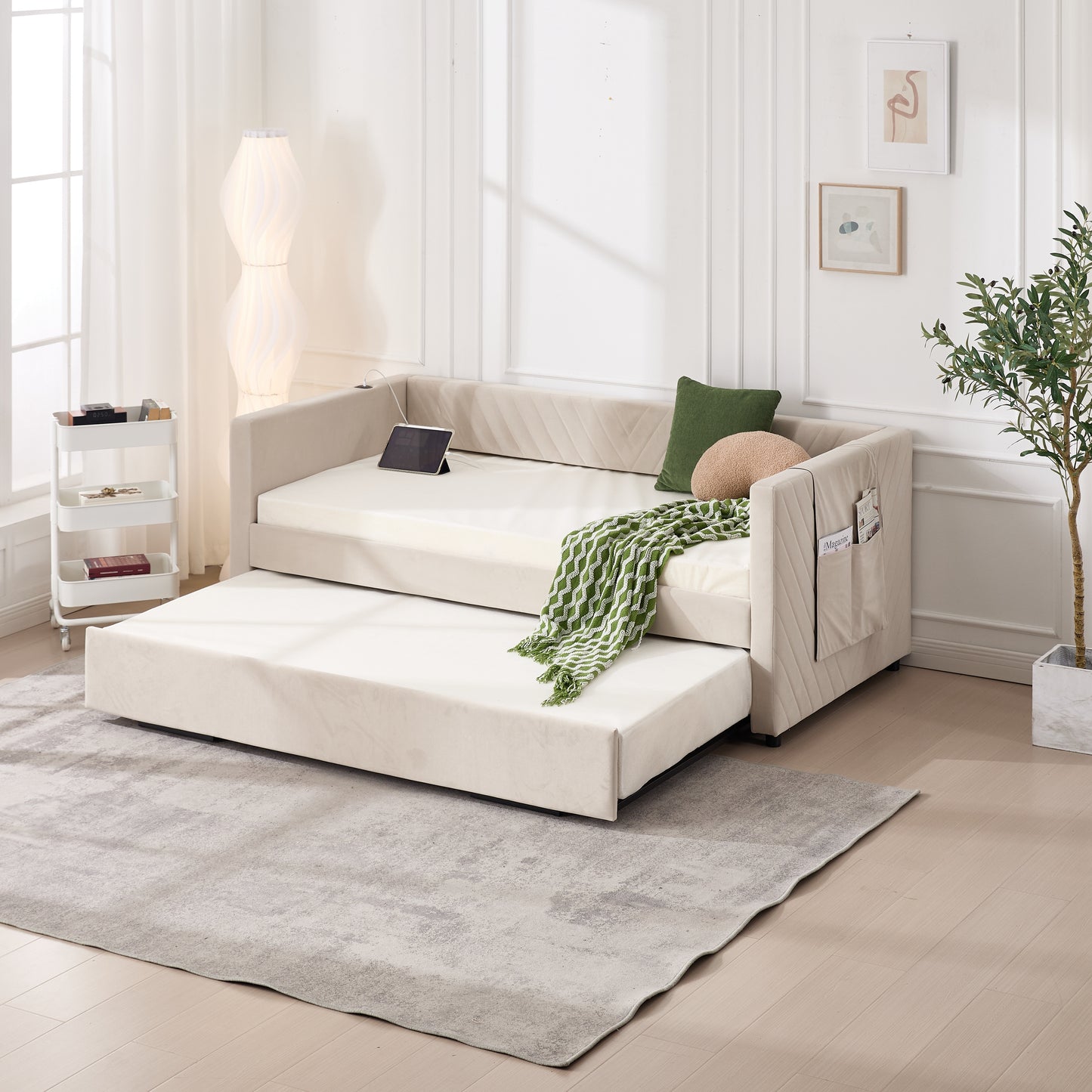 Twin Size Upholstered Daybed with Trundle,USB Port ,Side Pockets, Modern V-grained backrest Design,No Box Spring Needed, for Bedroom, Guest Room ( Beige, Twin)