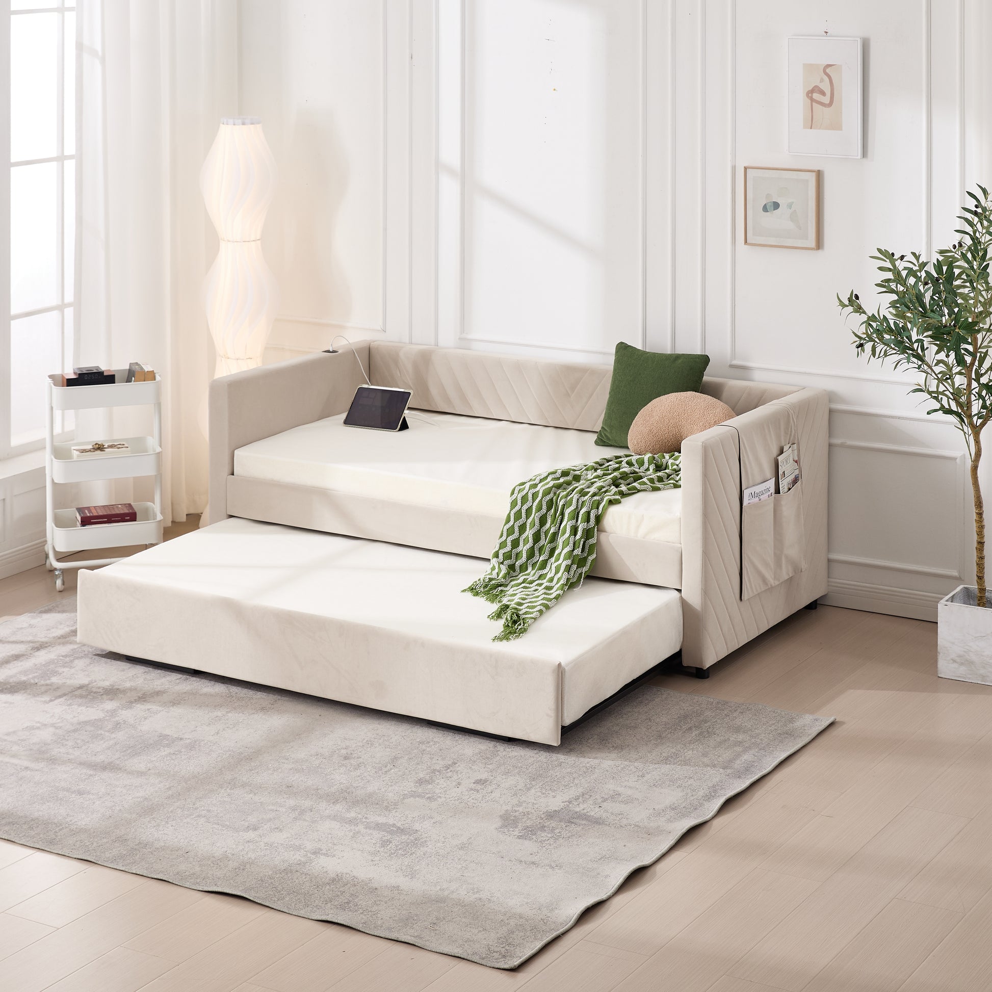 Twin Size Upholstered Daybed with Trundle,USB Port ,Side Pockets, Modern V-grained backrest Design,No Box Spring Needed, for Bedroom, Guest Room ( Beige, Twin)
