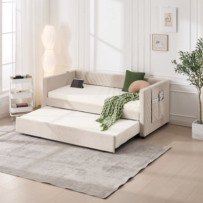 Twin Size Upholstered Daybed with Trundle,USB Port ,Side Pockets, Modern V-grained backrest Design,No Box Spring Needed, for Bedroom, Guest Room ( Beige, Twin)