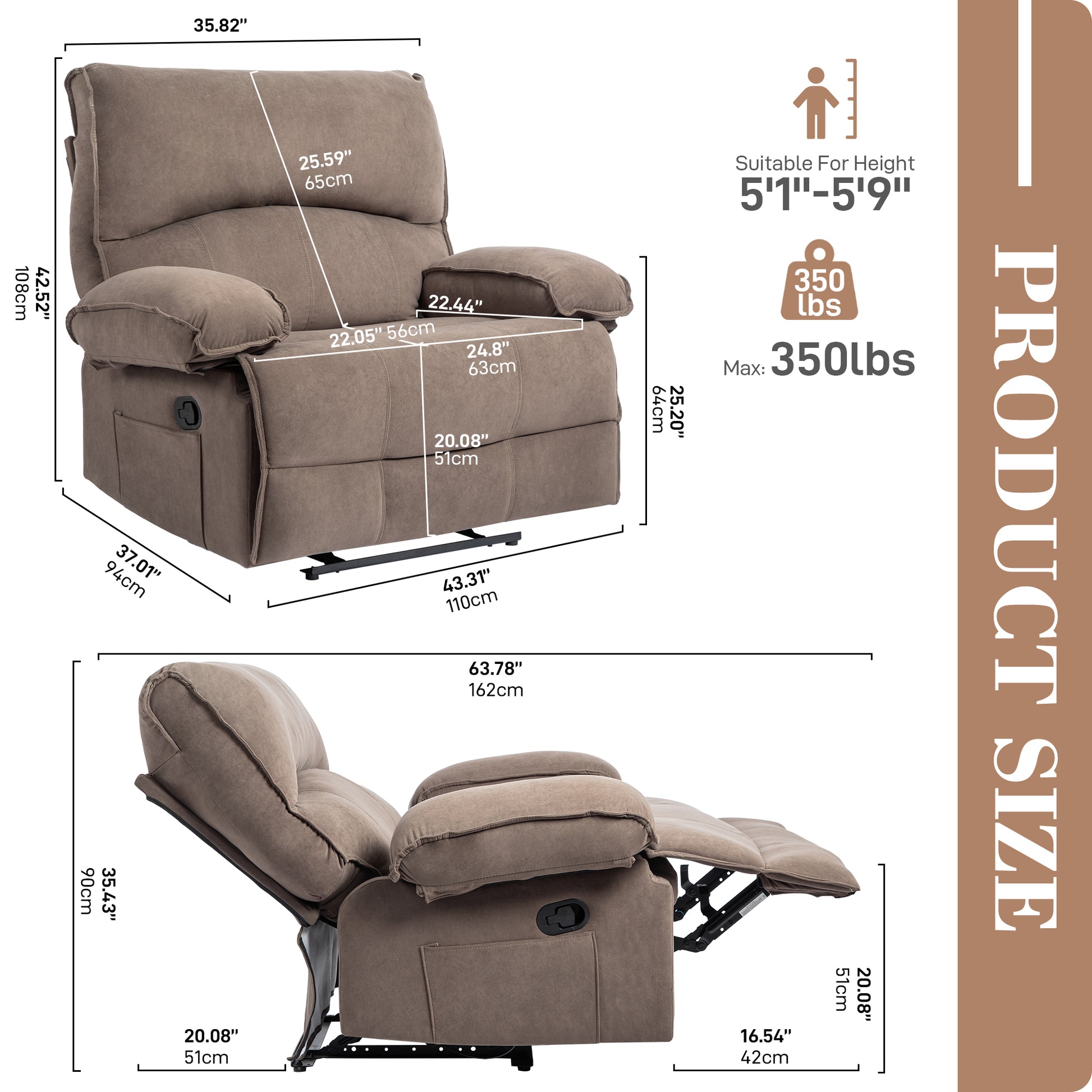 Brown Velvet Recliner Chair - 27.5" Wide Seat