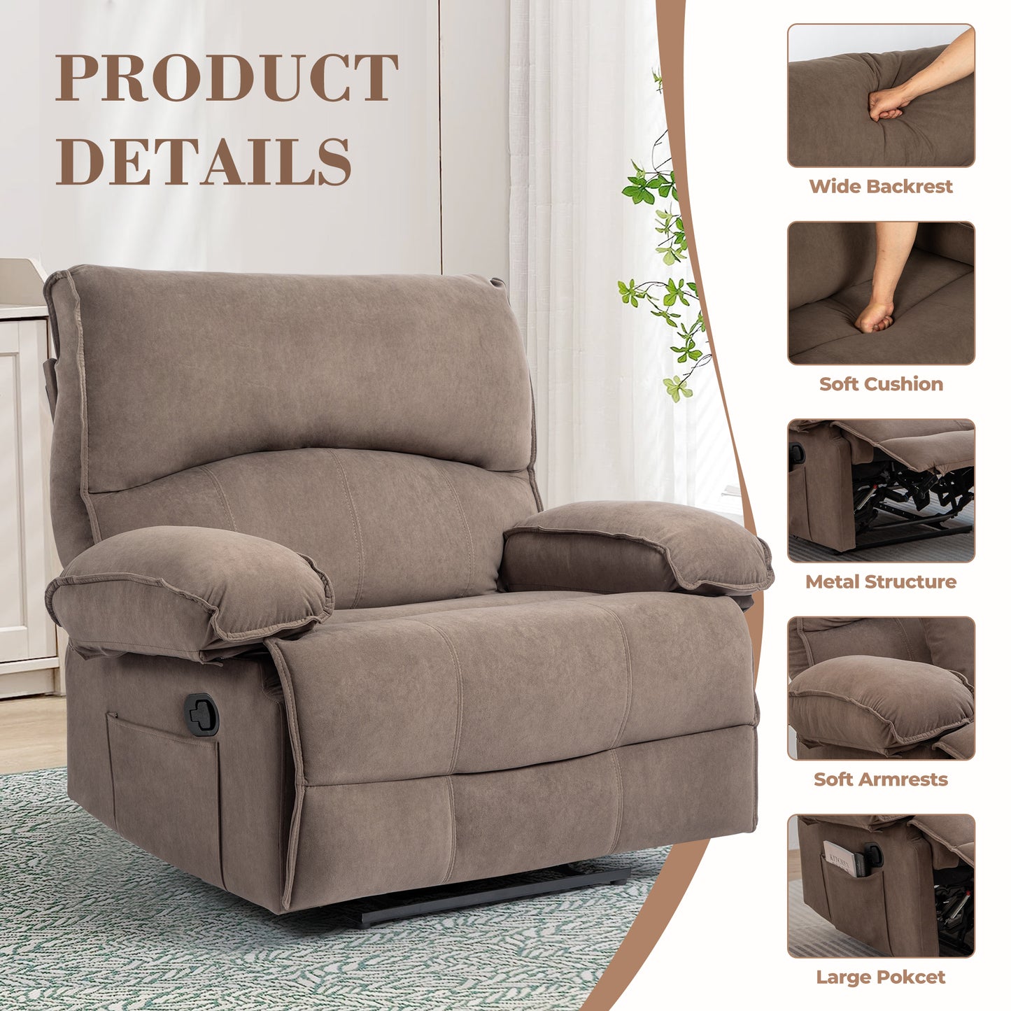 Brown Velvet Recliner Chair - 27.5" Wide Seat
