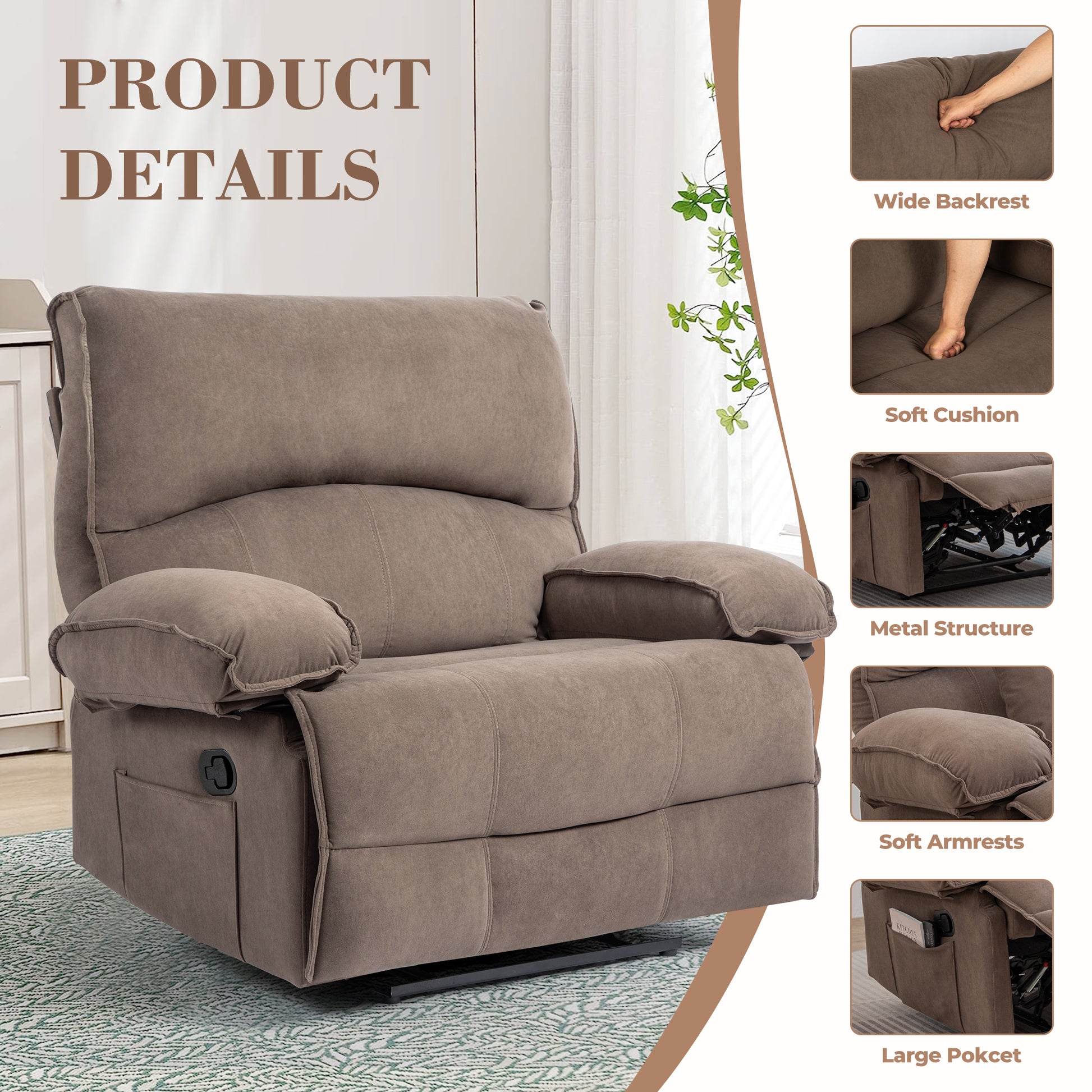 Brown Velvet Recliner Chair - 27.5" Wide Seat