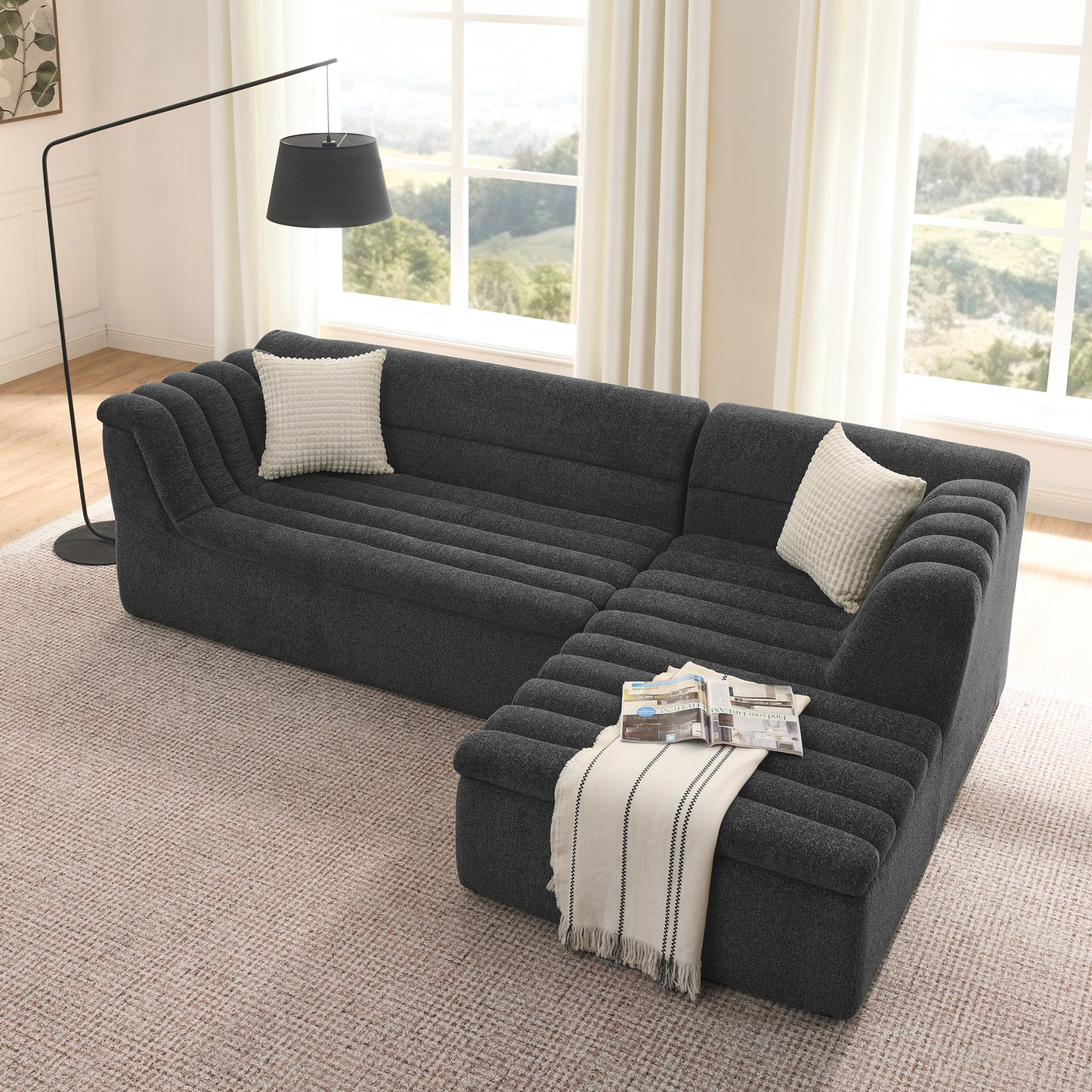 106" L-Shaped Modular Sectional Sofa with Chaise for Living Room, Chenille Upholstered Boneless Couches with Wave-Shaped Armrest, No Pillows Included