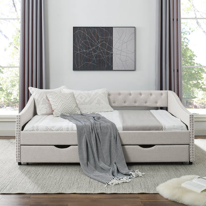 Beige Linen Full Size Daybed with Storage Drawers for Living Room Comfort