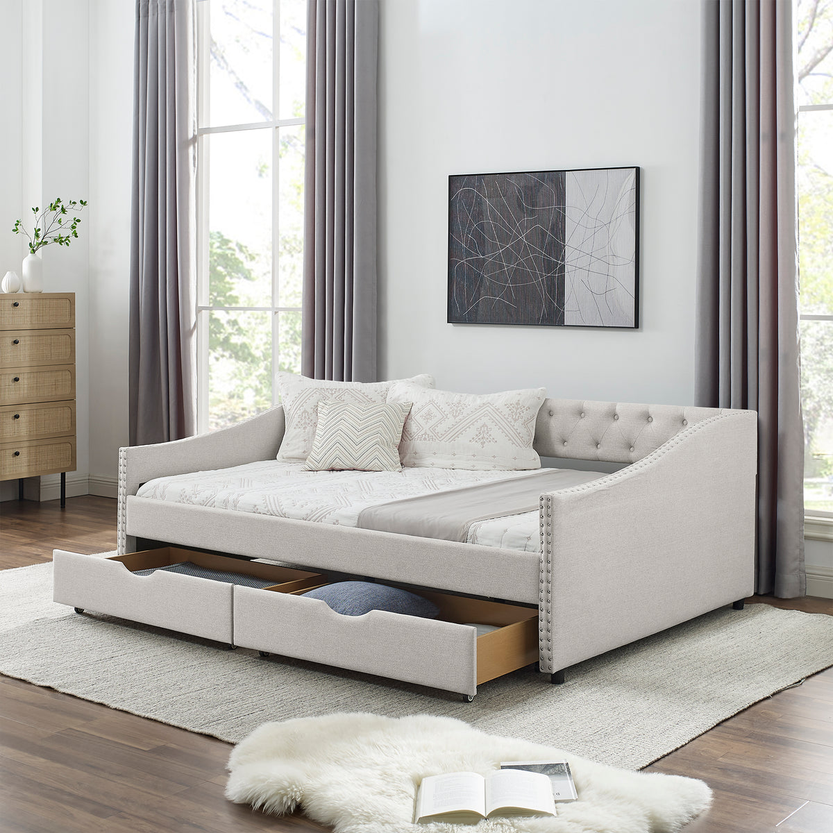 Beige Linen Full Size Daybed with Storage Drawers for Living Room Comfort