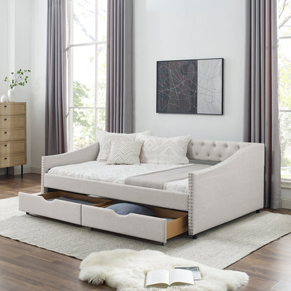 Beige Linen Full Size Daybed with Storage Drawers for Living Room Comfort