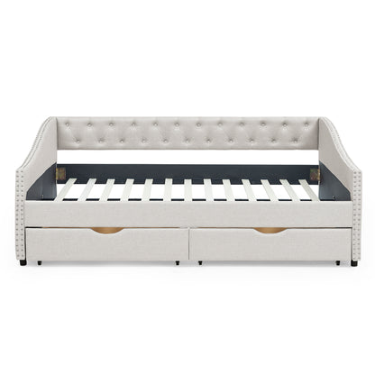 Beige Linen Full Size Daybed with Storage Drawers for Living Room Comfort